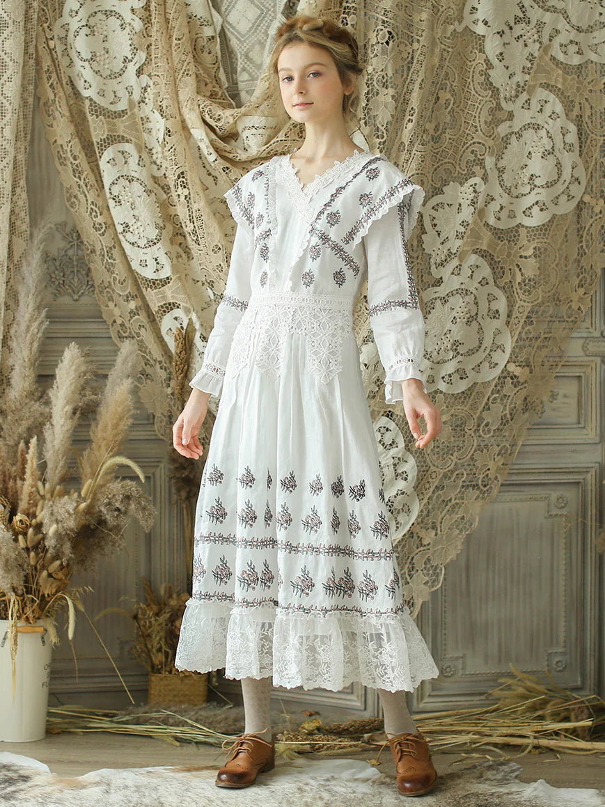 Victorian Floral Embroidered White Dress