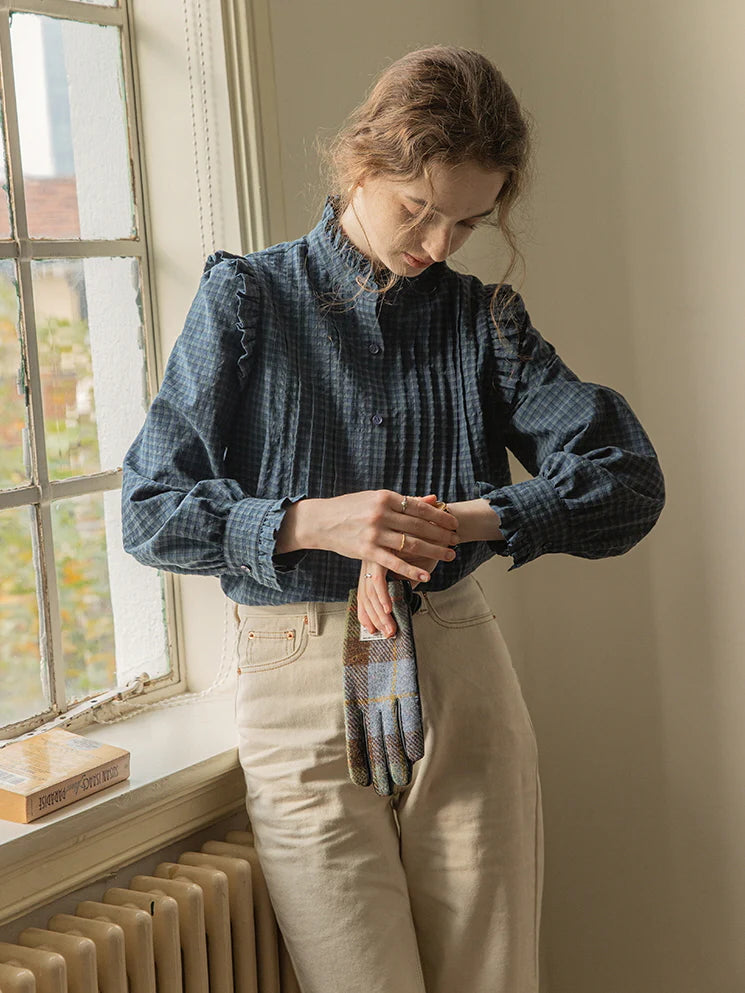 Vintage-Inspired Ruffled Plaid Blouse