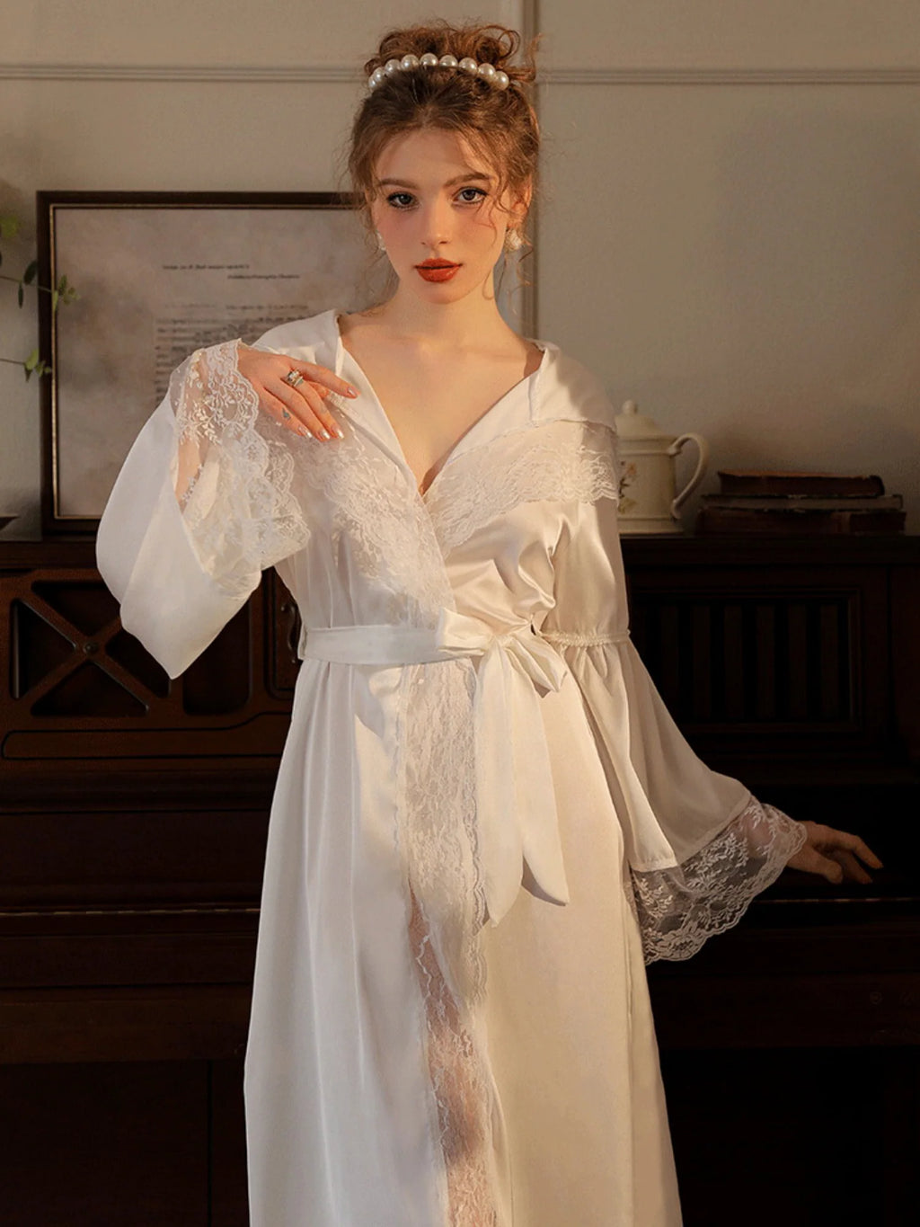 Elegant Lace Trim Hooded Nightgown