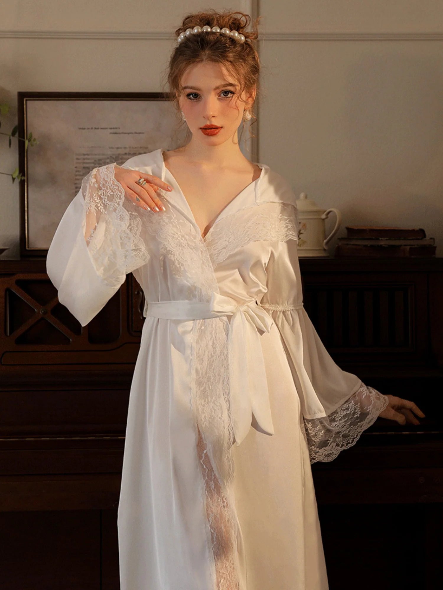 Elegant Lace Trim Hooded Nightgown