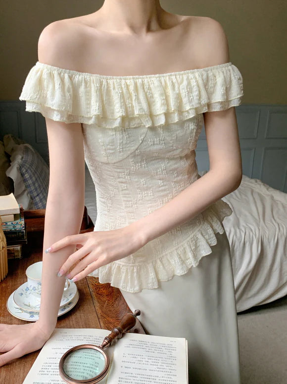 Ivory Ruffle Top & Satin Flare Skirt