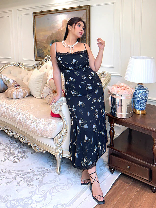 Midnight Bloom Lace Trim Floral Dress